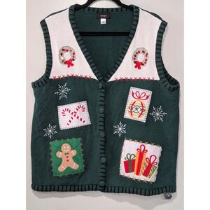Holiday Editions women's XL Christmas sweater vest with embroidered patches new